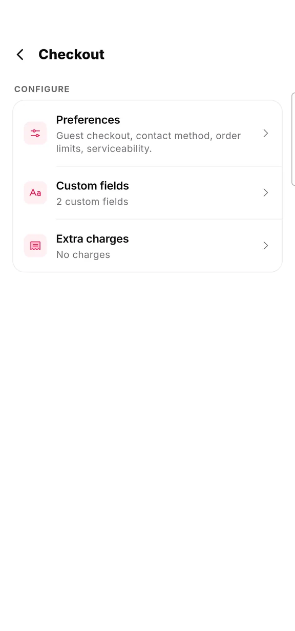 Checkout settings in the Ooulet app with guest checkout and custom fields