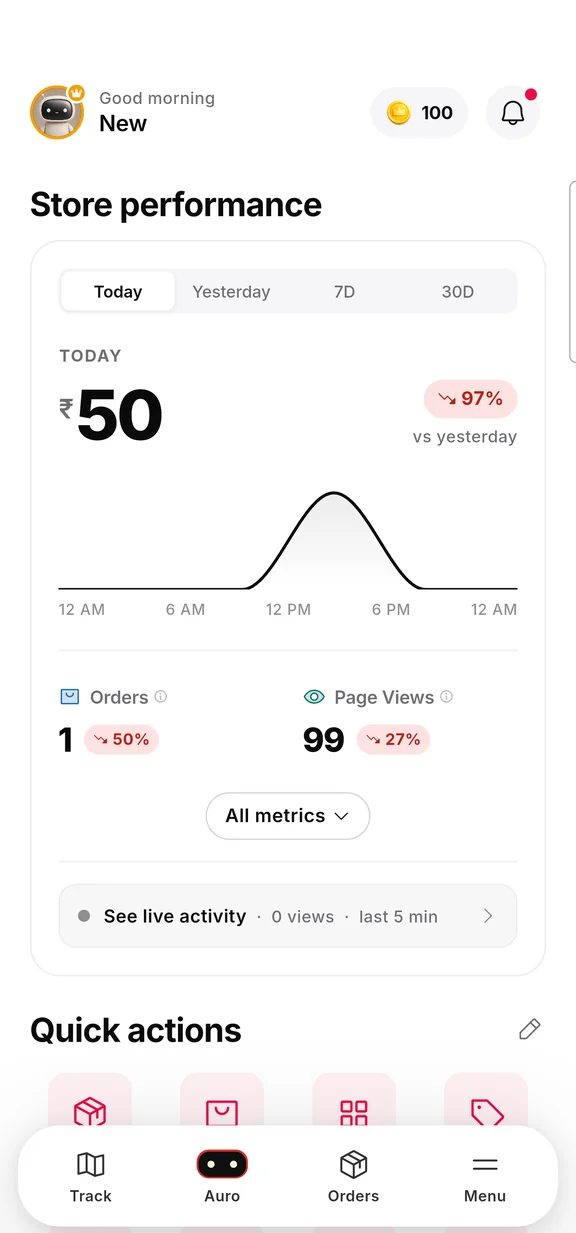 Store performance in the Ooulet app with revenue, orders and page views