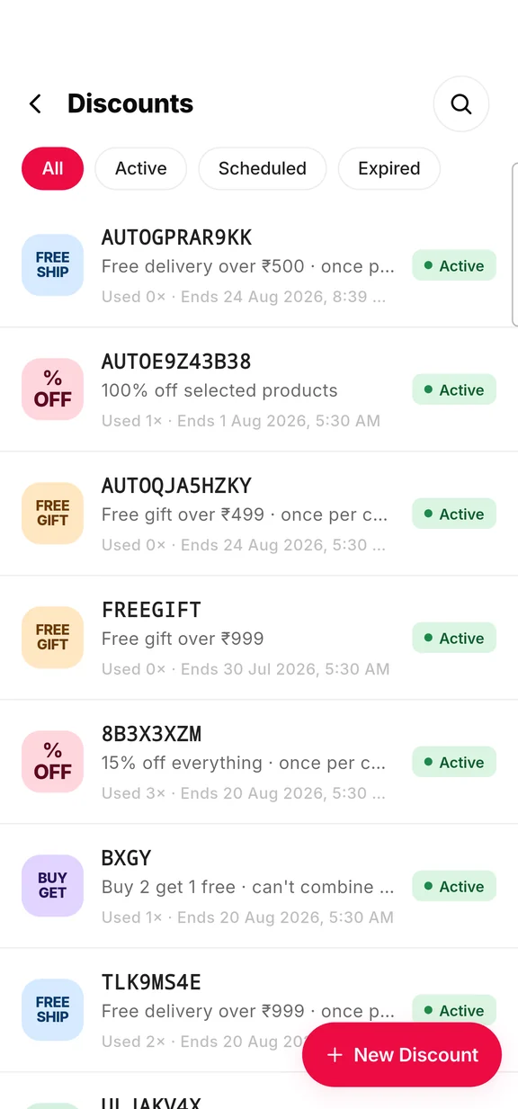Discount codes in the Ooulet app with usage and expiry