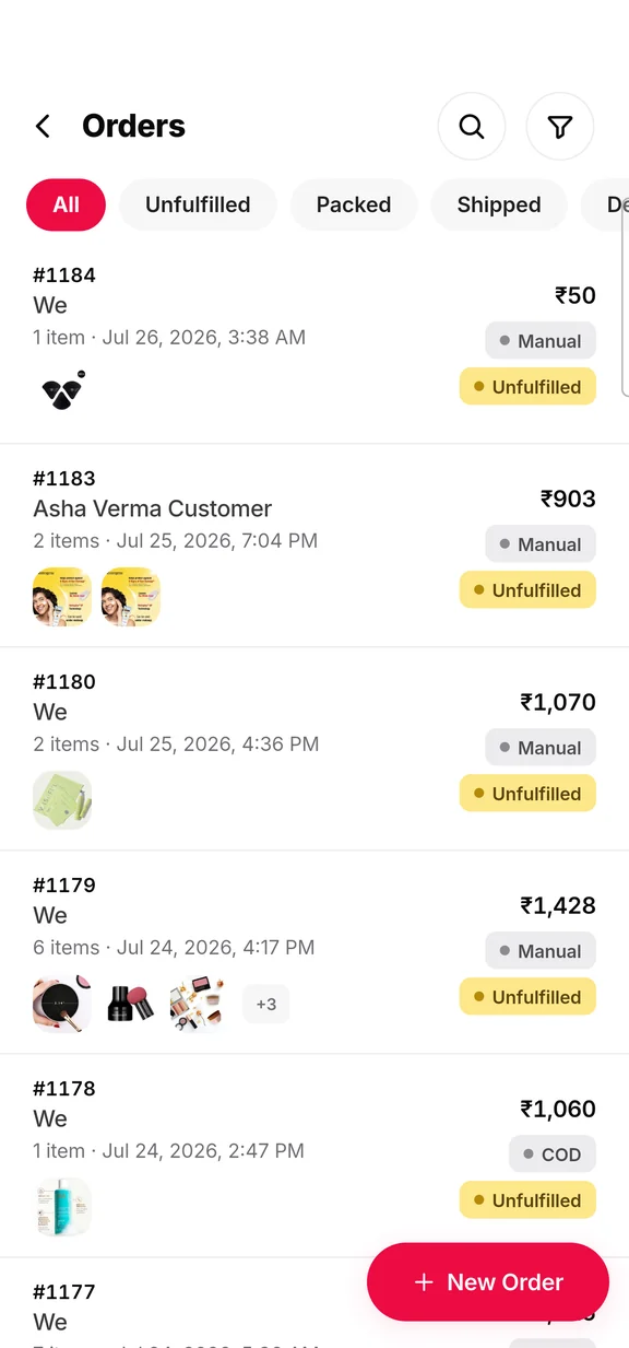 Order list in the Ooulet app showing totals and fulfilment status