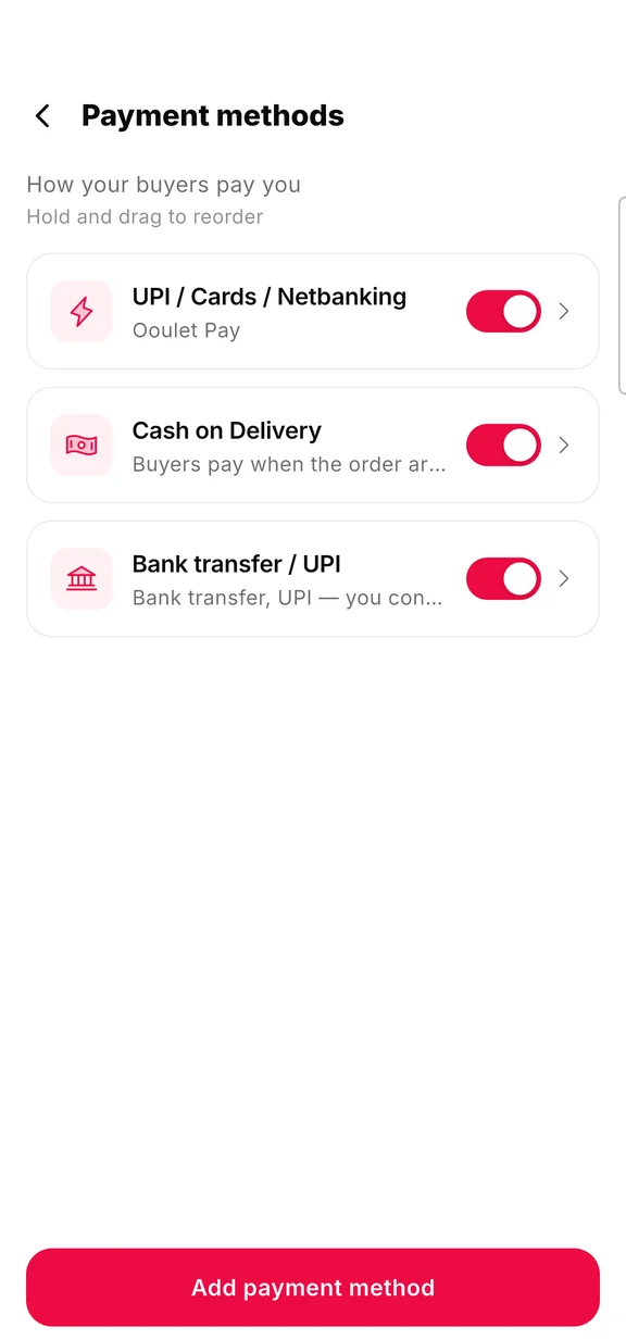 Payment methods in the Ooulet app with cards, UPI and cash on delivery