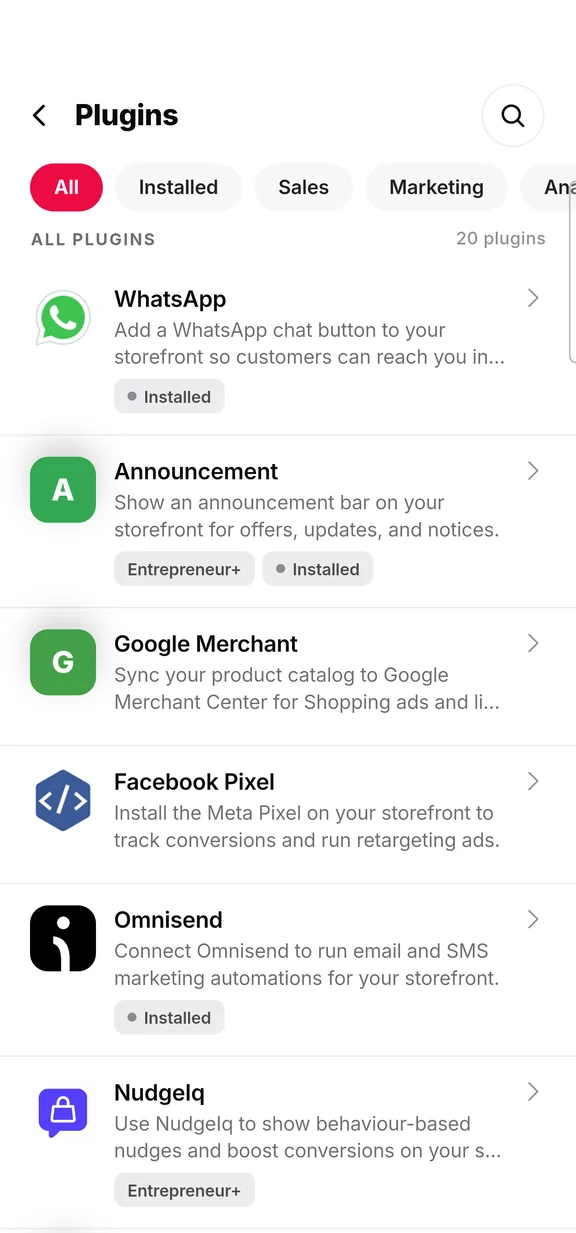 Plugin directory in the Ooulet app with chat, analytics and marketing tools