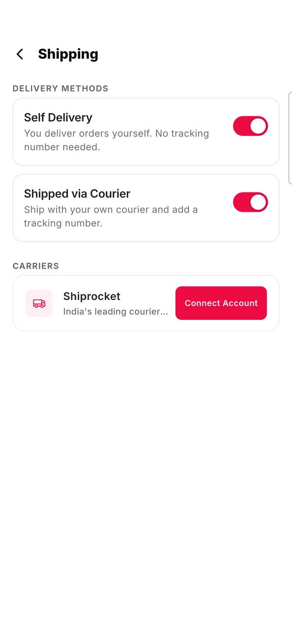 Shipping settings in the Ooulet app with delivery methods and carriers