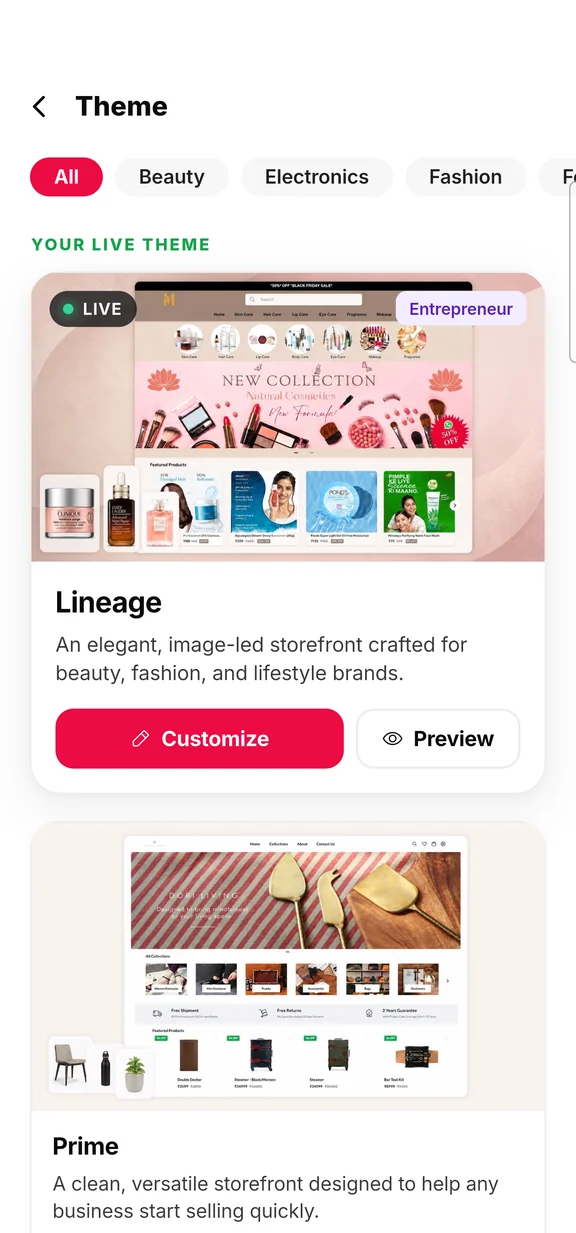 Theme gallery in the Ooulet app with live storefront previews