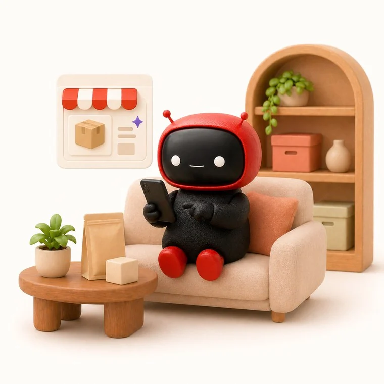 Auro checking the store from a sofa on a phone