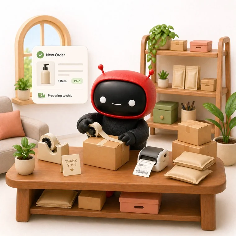 Auro packing a paid order with a shipping label ready to print